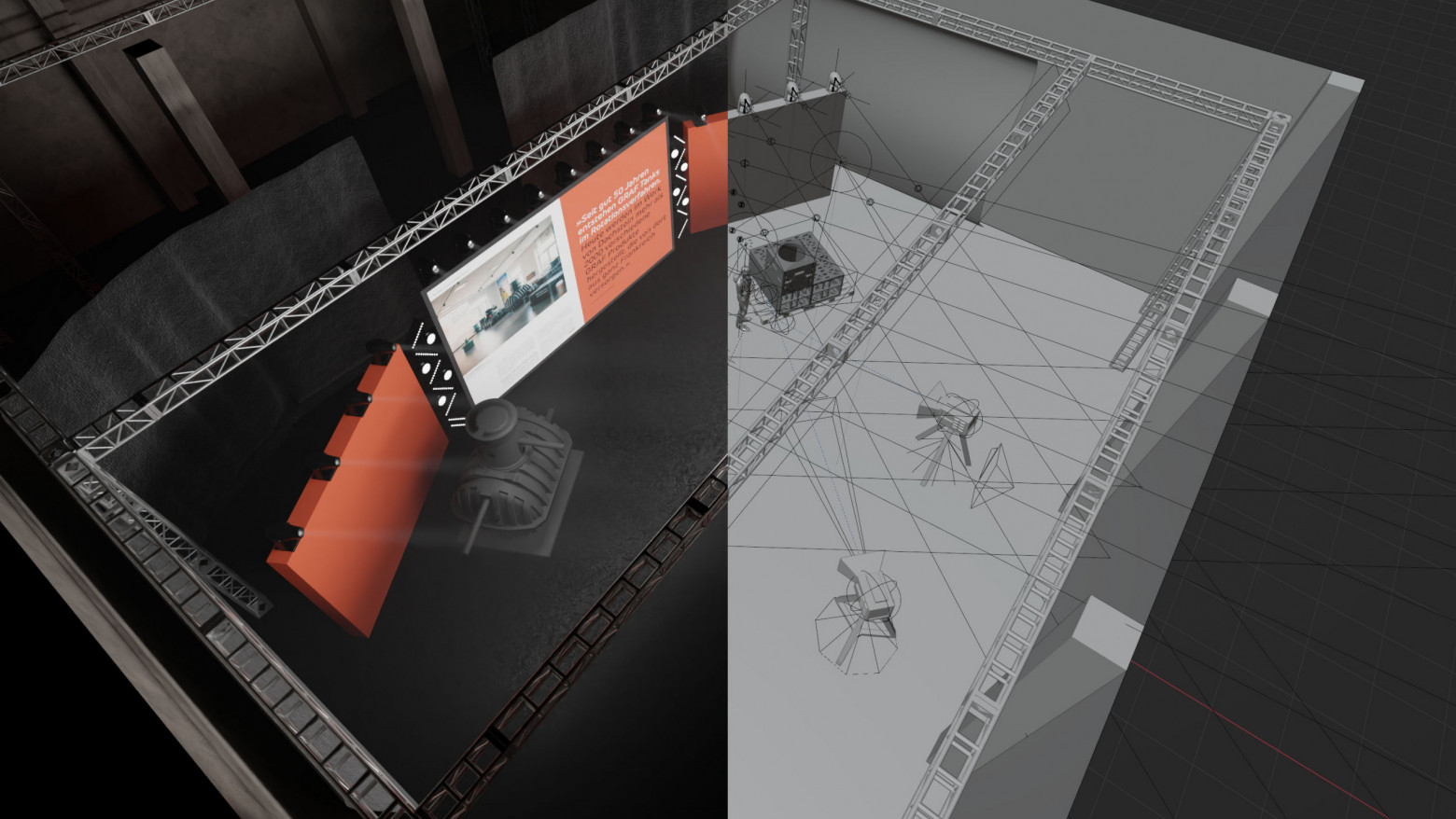 Visualisierter Studioblick: Renderansicht trifft Drahtmodell