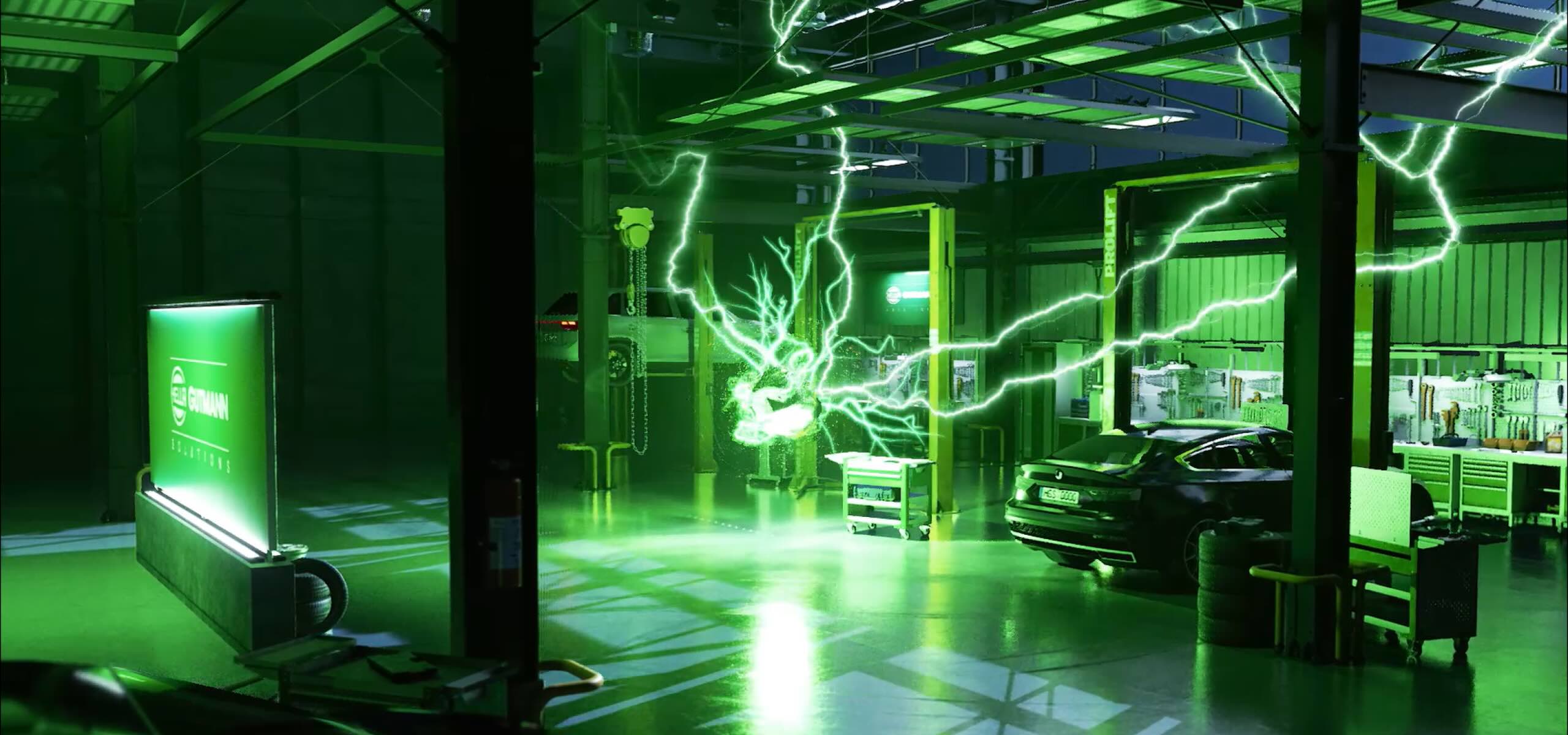 Screenshot einer virtuellen Welt - grüne Blitze in Autowerkstatt. Animation, 2D, 3D, Virtual Reality, Content, unreal engine, blender